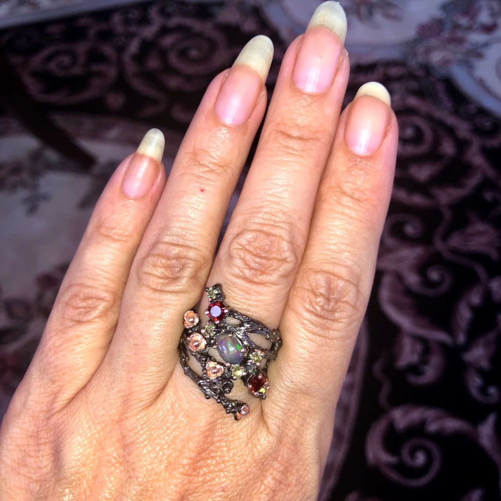 Fascinating  Genuine Black Opal Ring - Picture 3 of 8